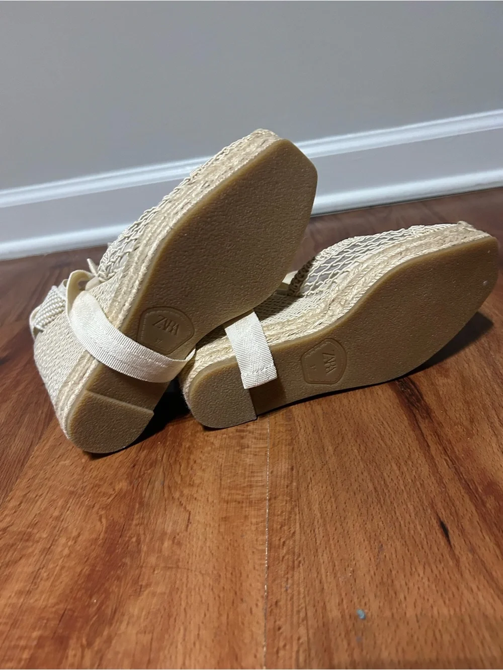 Zara Cream Woven Espadrille Wedge Lace-Up Sandals